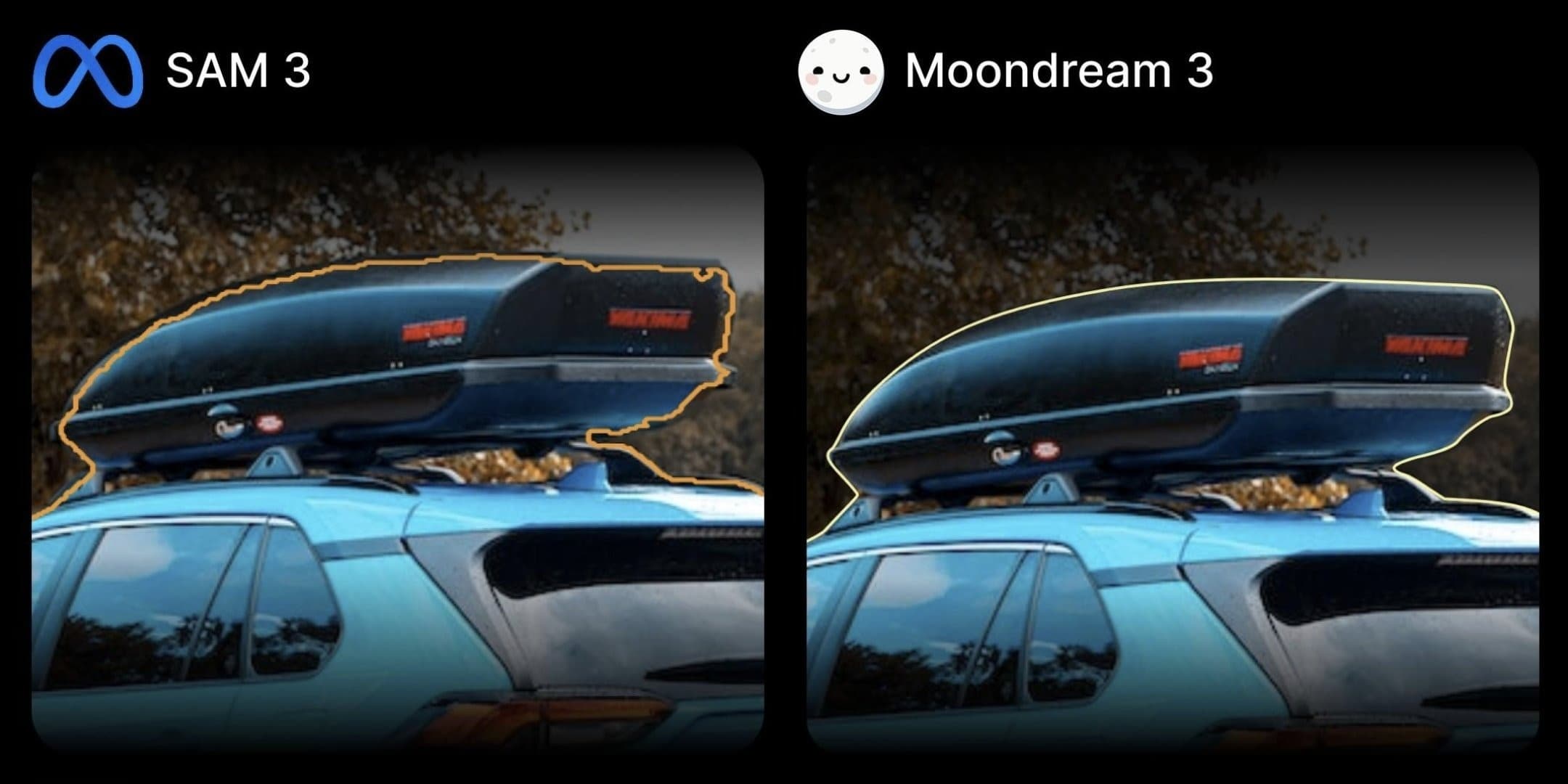 Moondream versus SAM 3 car rack comparison