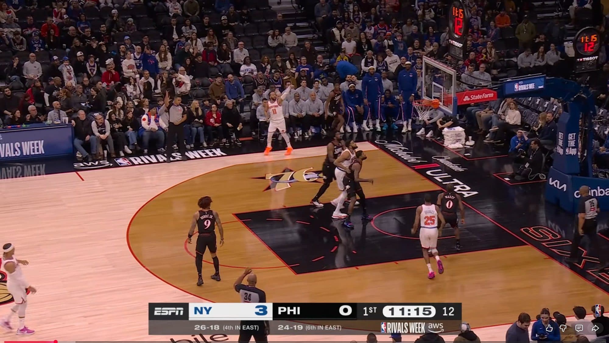 NBA broadcast frame with a State Farm logo above the hoop